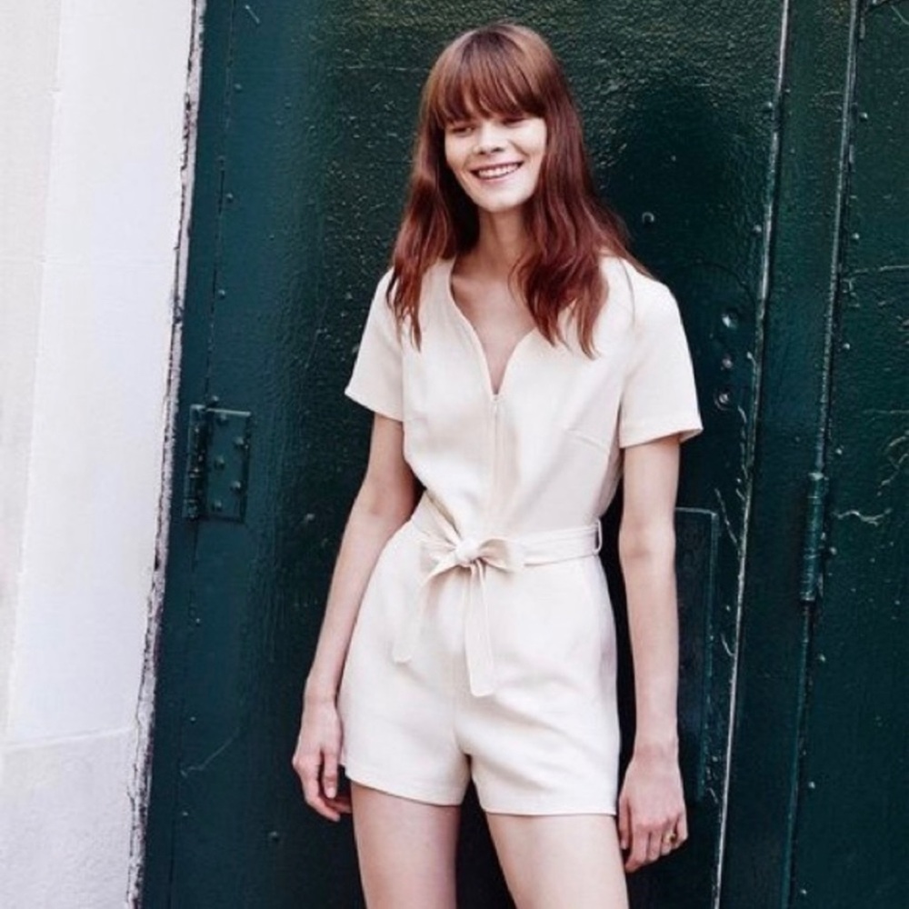 Club Monaco cream tie waist zip up romper